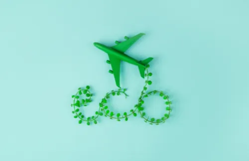 Green airplane above “eco” in leafy text on a light blue background, conveying a theme of environmentally friendly aviation.